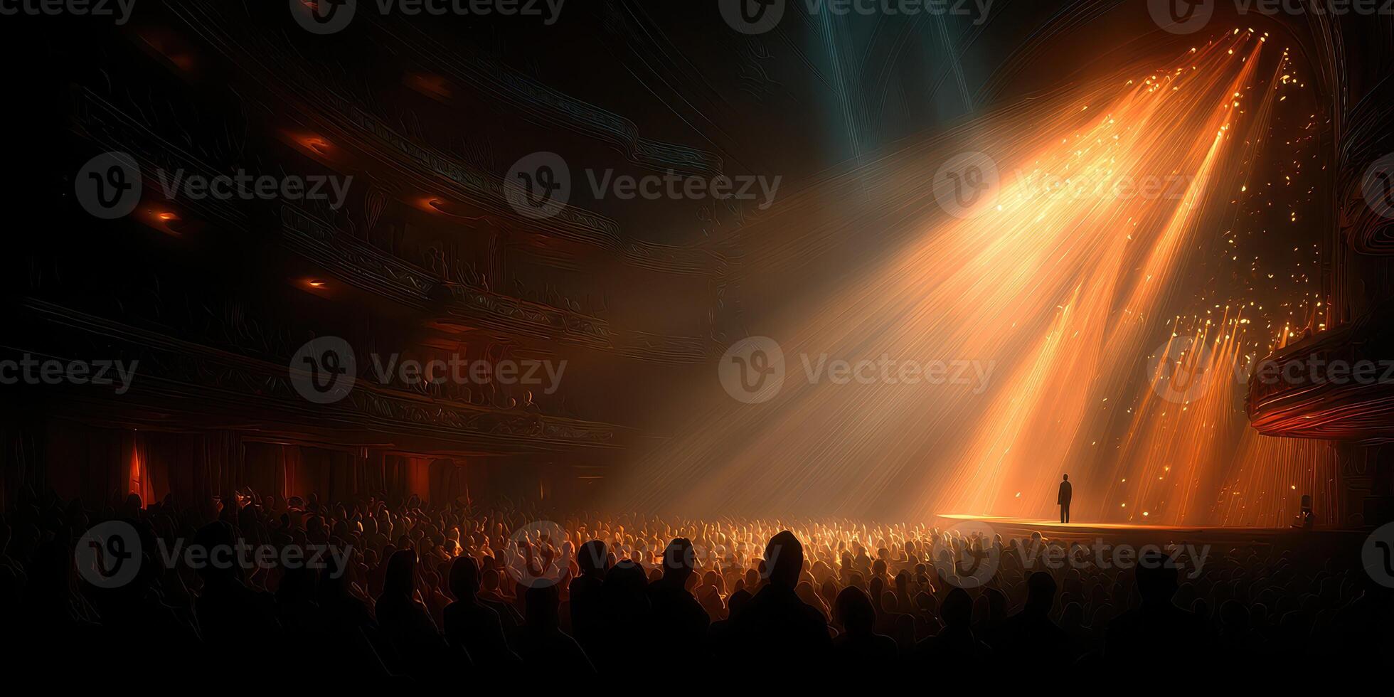 Crowd gathered in a theater awaiting a performance illuminated by dramatic lights photo