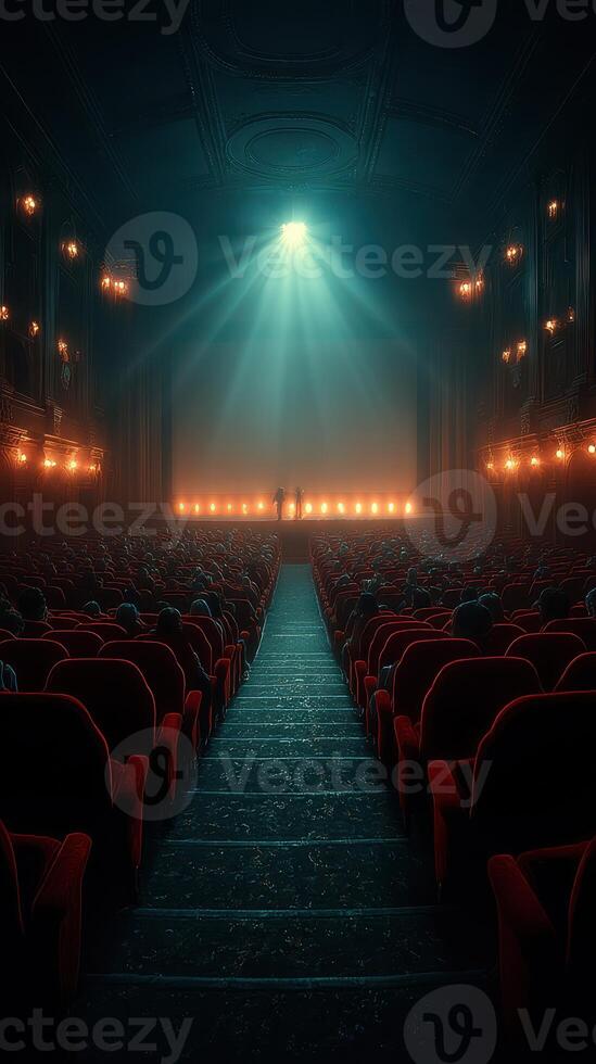 Empty theater with red seats illuminated by bright stage lights during an evening performance event photo