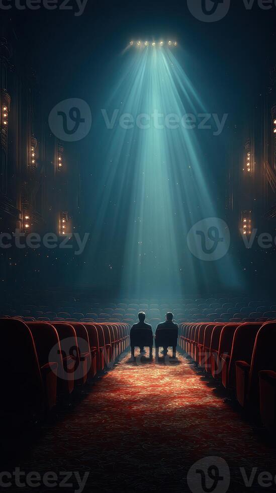 Two figures seated in an empty theater illuminated by a spotlight during a quiet evening performance photo