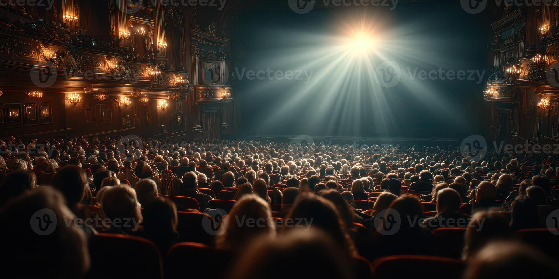 Many people gather at a theater to enjoy a performance illuminated by dramatic stage lights photo