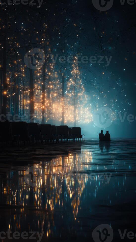 Evening stroll beside glimmering lights reflecting on the water during a tranquil night photo