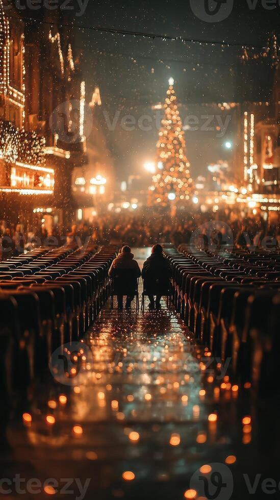 People enjoy a winter evening while sitting on chairs under festive lights and a decorated tree in a bustling square photo