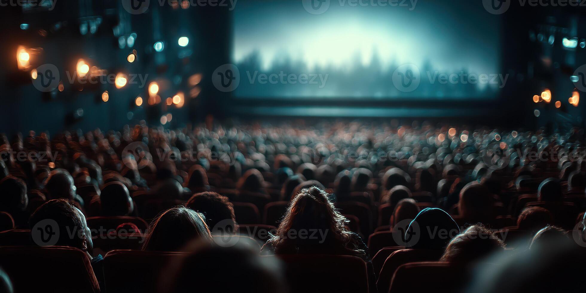 Crowded theater filled with moviegoers eagerly awaiting the start of a film at night in a dark environment photo