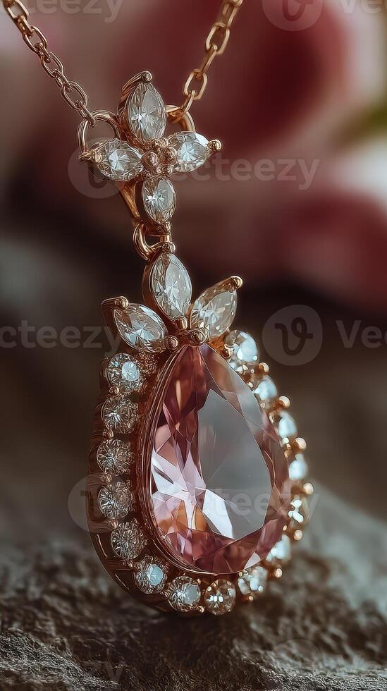 Exquisite rose gold necklace with pink gemstone and sparkling diamonds displayed on a textured surface photo