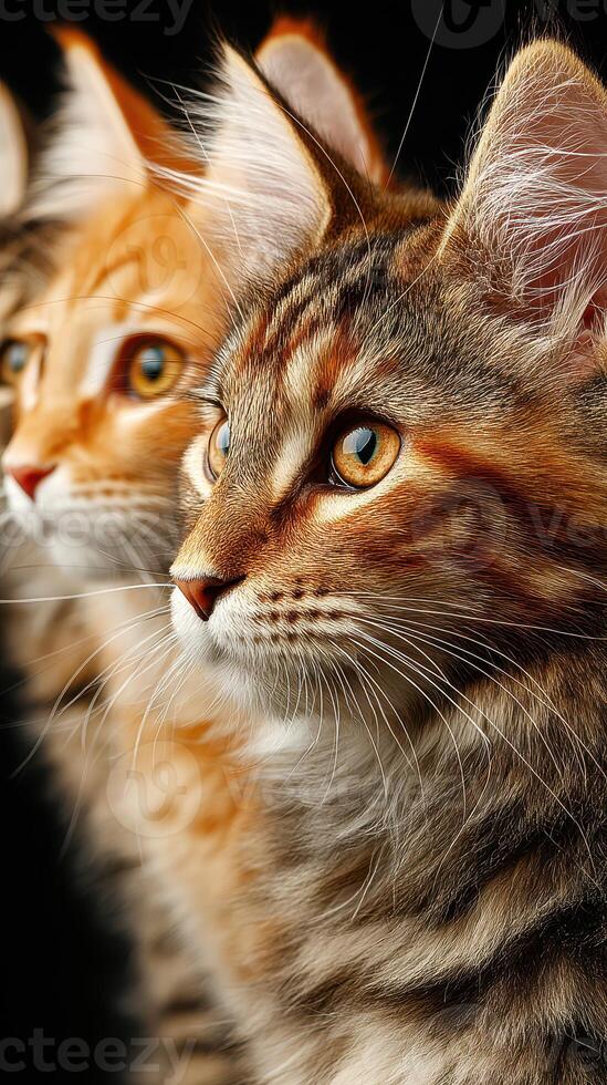 Two curious cats with vivid fur patterns gazing in the same direction indoors during quiet afternoon light photo