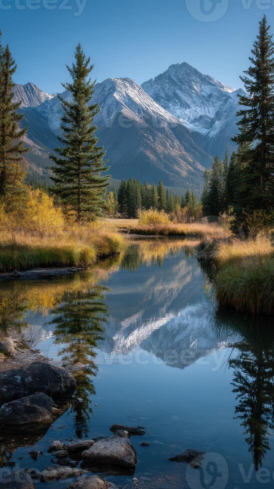 Serene mountain landscape with a reflective river and autumn foliage during a clear day photo