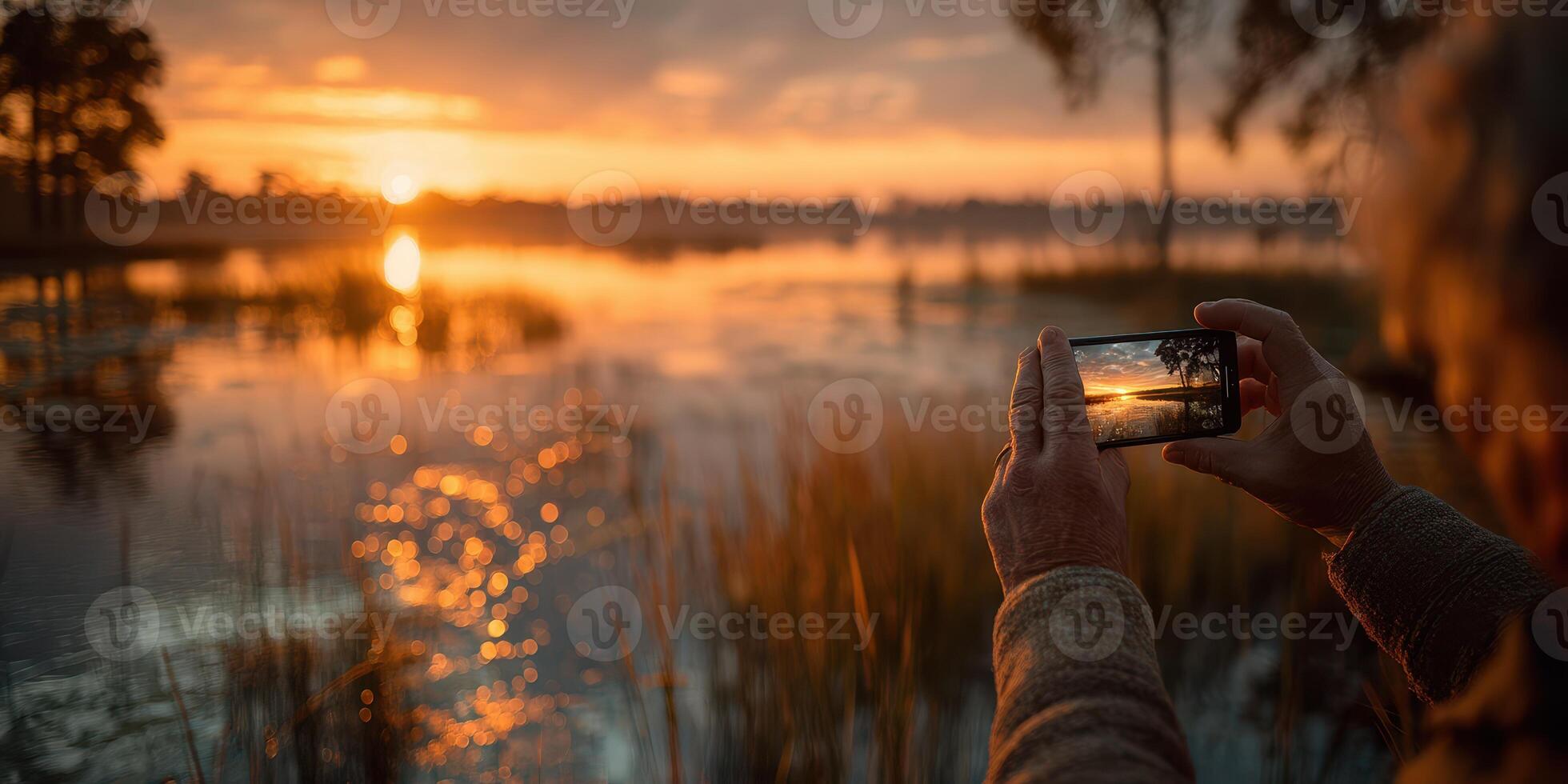 Capturing the sunset over a serene lake while standing on the shore at twilight photo