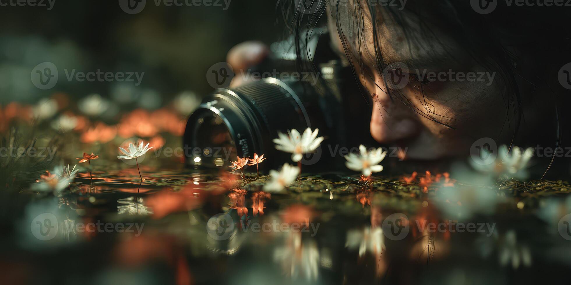 Close-up of a photographer capturing reflections among delicate flowers in tranquil water during sunlight photo