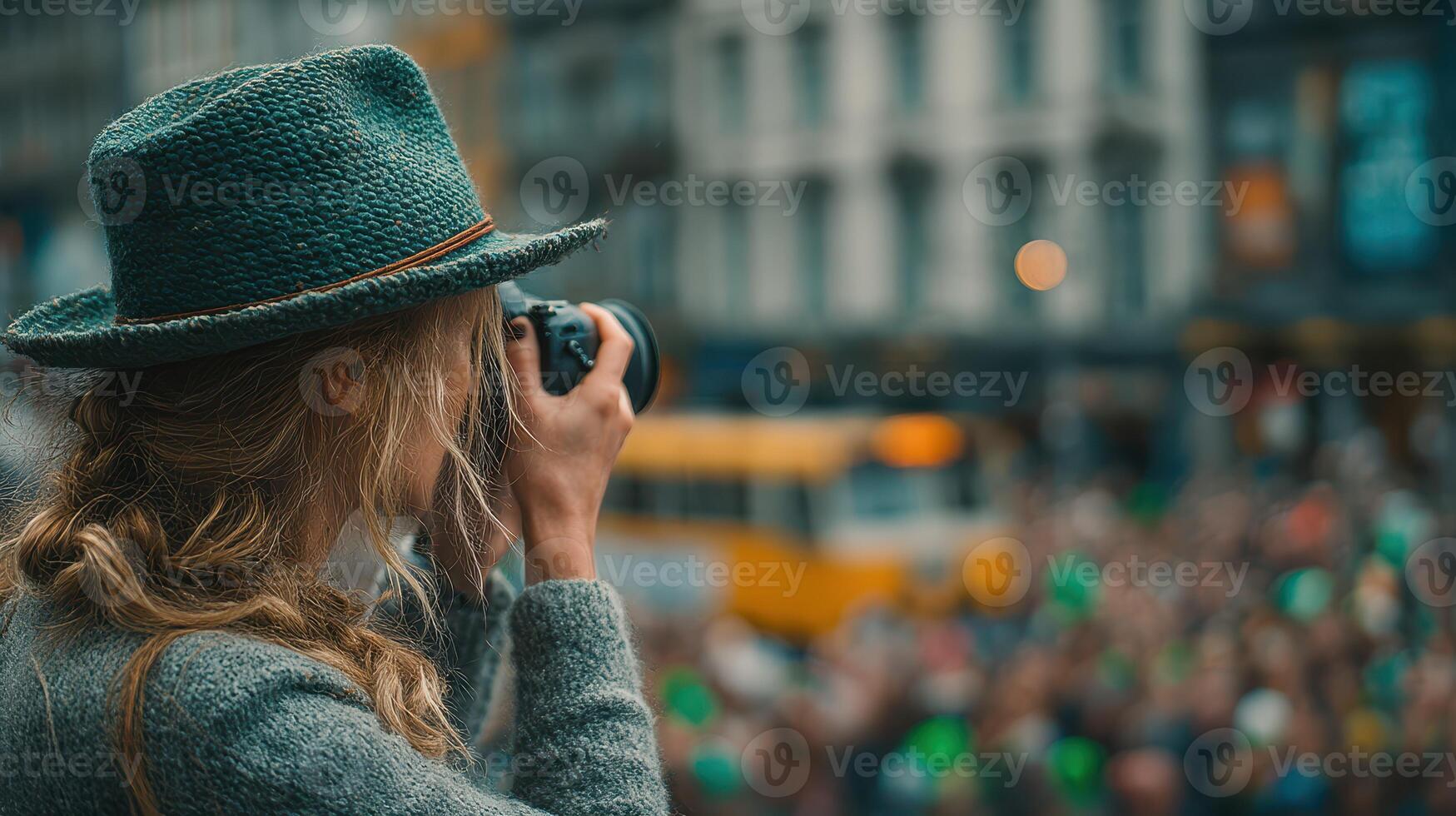 Woman capturing a lively crowd with a camera during a city event in the evening photo