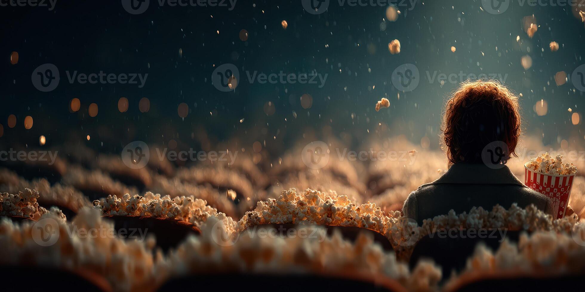 Moviegoer enjoys popcorn amidst an empty theater during a cinematic experience in the evening photo