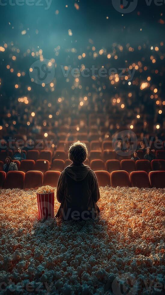 Audience mesmerized by cinematic magic while one viewer sits alone surrounded by popcorn photo