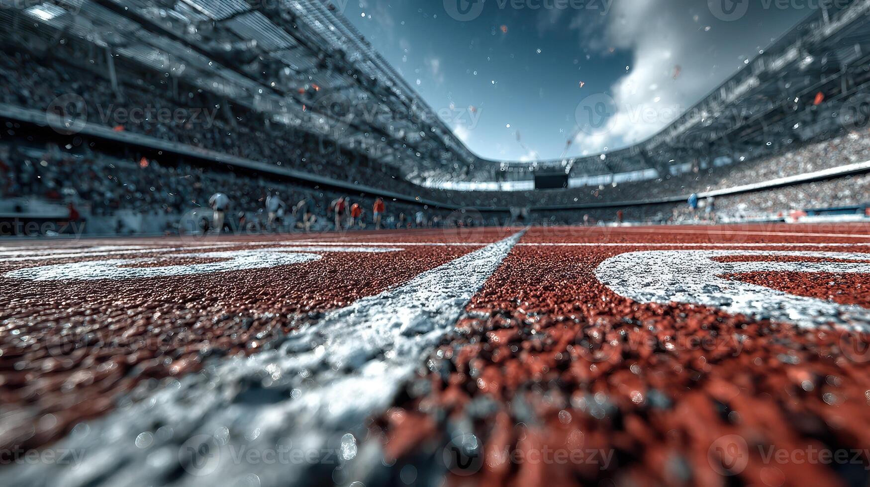 Exciting track event at a large stadium with enthusiastic fans cheering during a sunny day photo