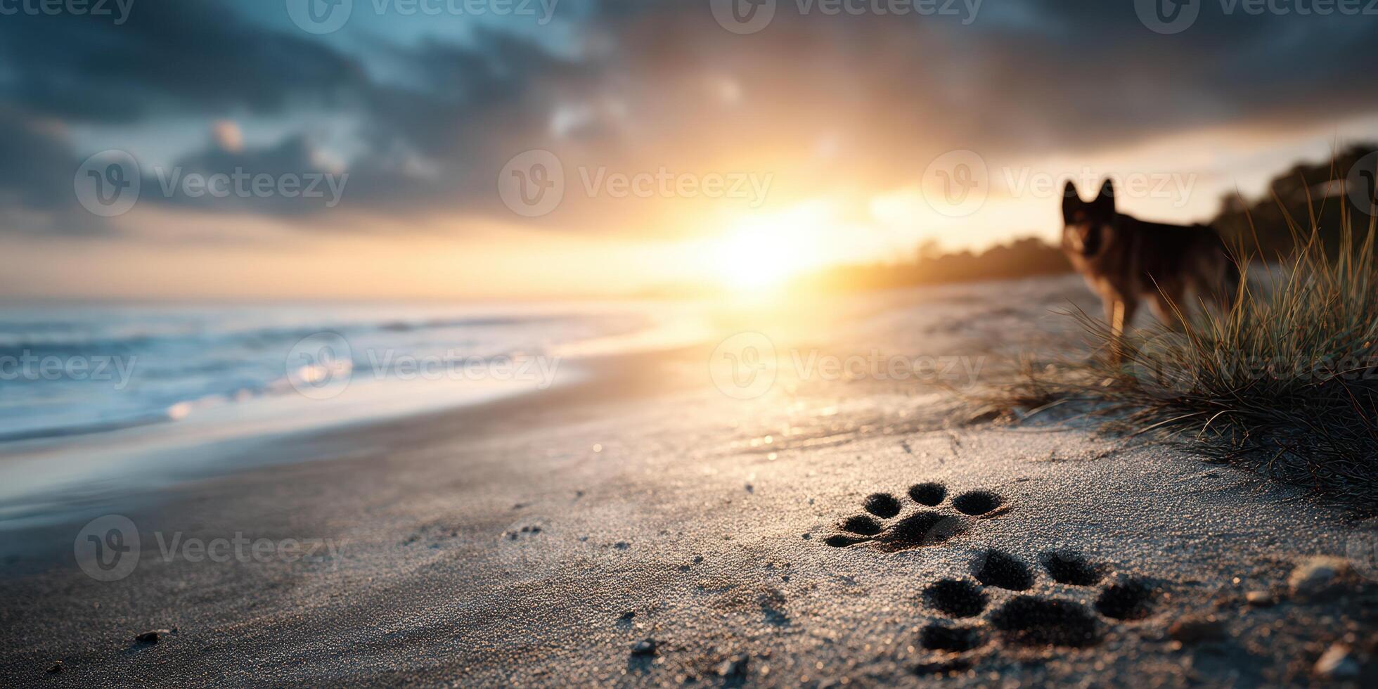 Dog walks along sandy beach at sunset while leaving paw prints near ocean water photo