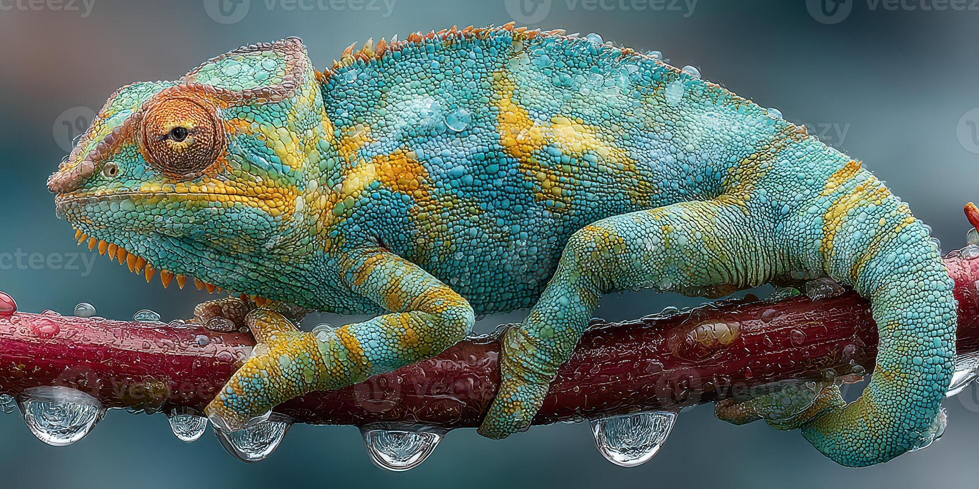 Chameleon resting on a branch surrounded by raindrops in a vibrant, colorful display of nature photo