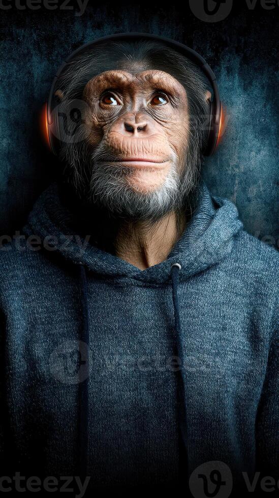 Monkey wearing headphones listens to music in a dark urban environment with a serious expression photo