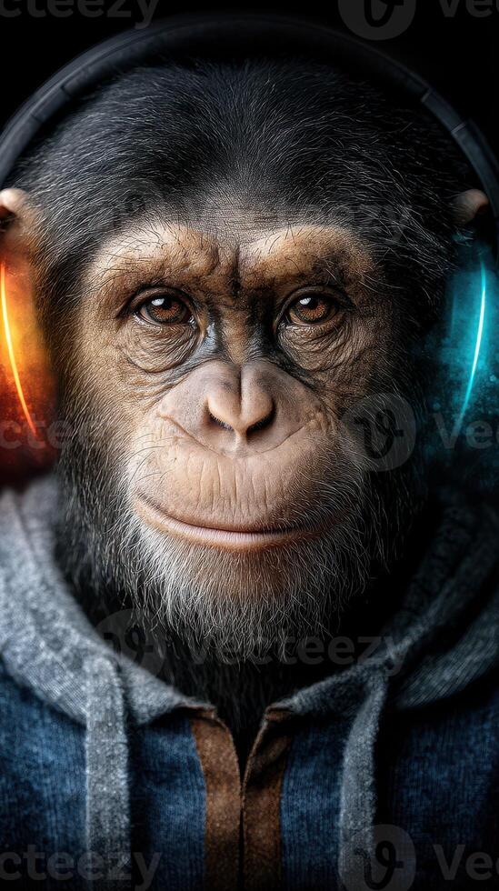 Modern chimpanzee wearing headphones looks directly at the viewer in a thoughtful expression in a dark setting photo