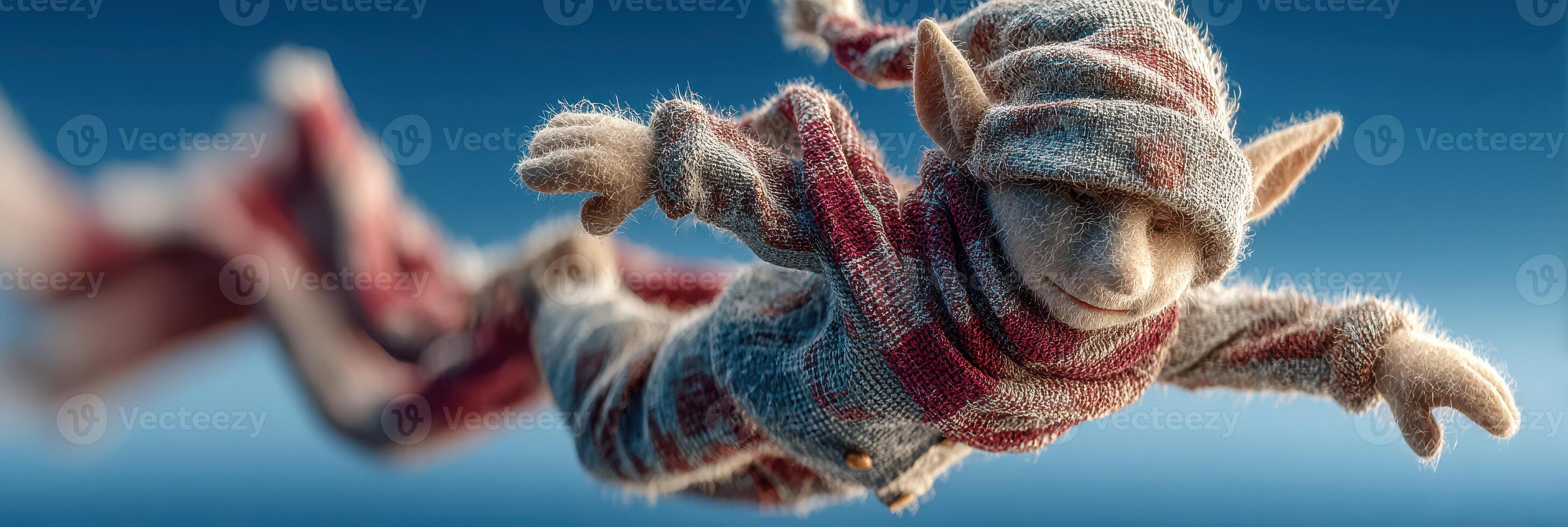 Elf character flying through the air wearing a striped scarf in a bright blue sky photo