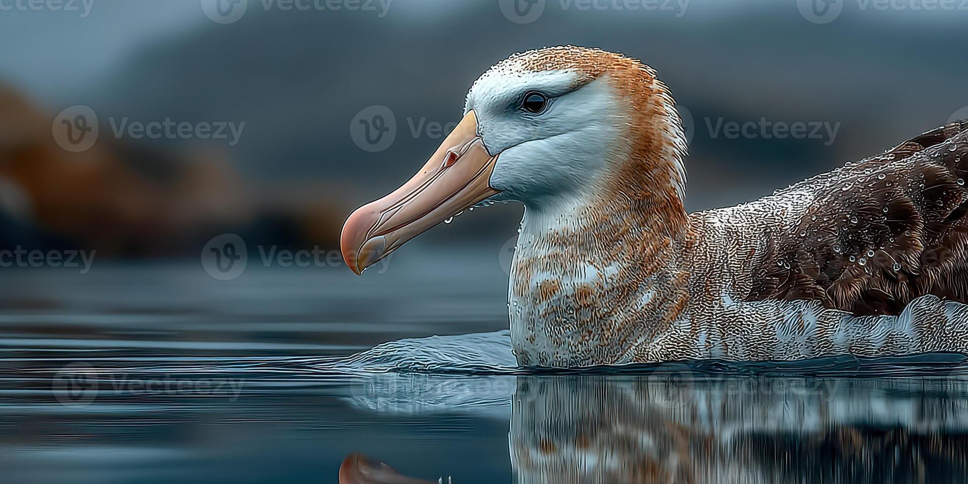 Albatross gliding over calm waters near coastal cliffs during early morning light photo
