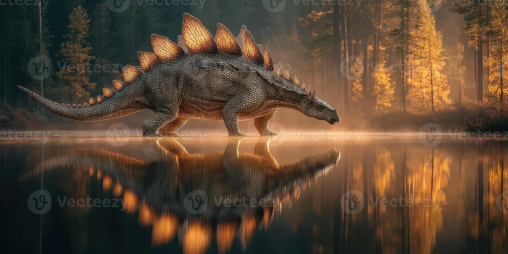 Stegosaurus walking near a tranquil lake surrounded by autumn trees at dusk photo