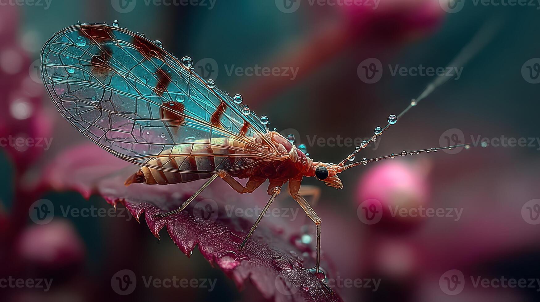 Detail of a water droplet-covered insect resting on a leaf in a vibrant garden setting during early morning photo