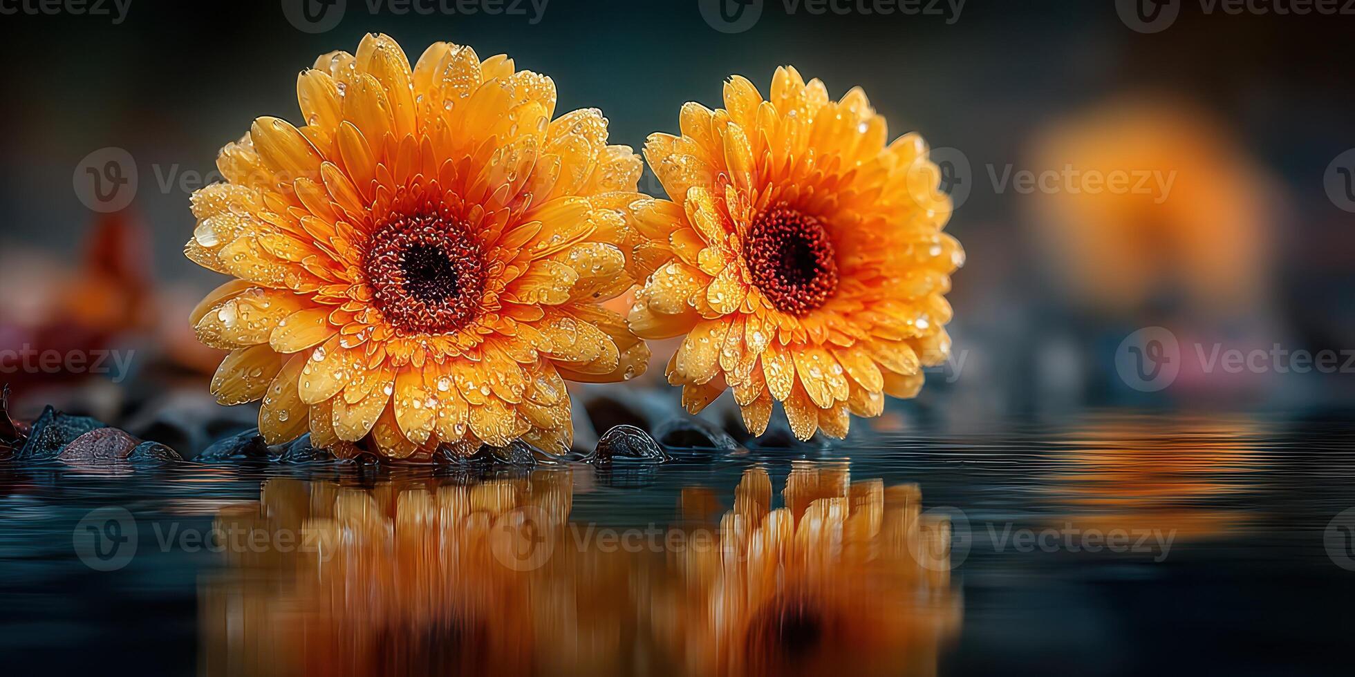 Two vibrant orange flowers with droplets reflecting in calm water during early morning light near a serene pond photo