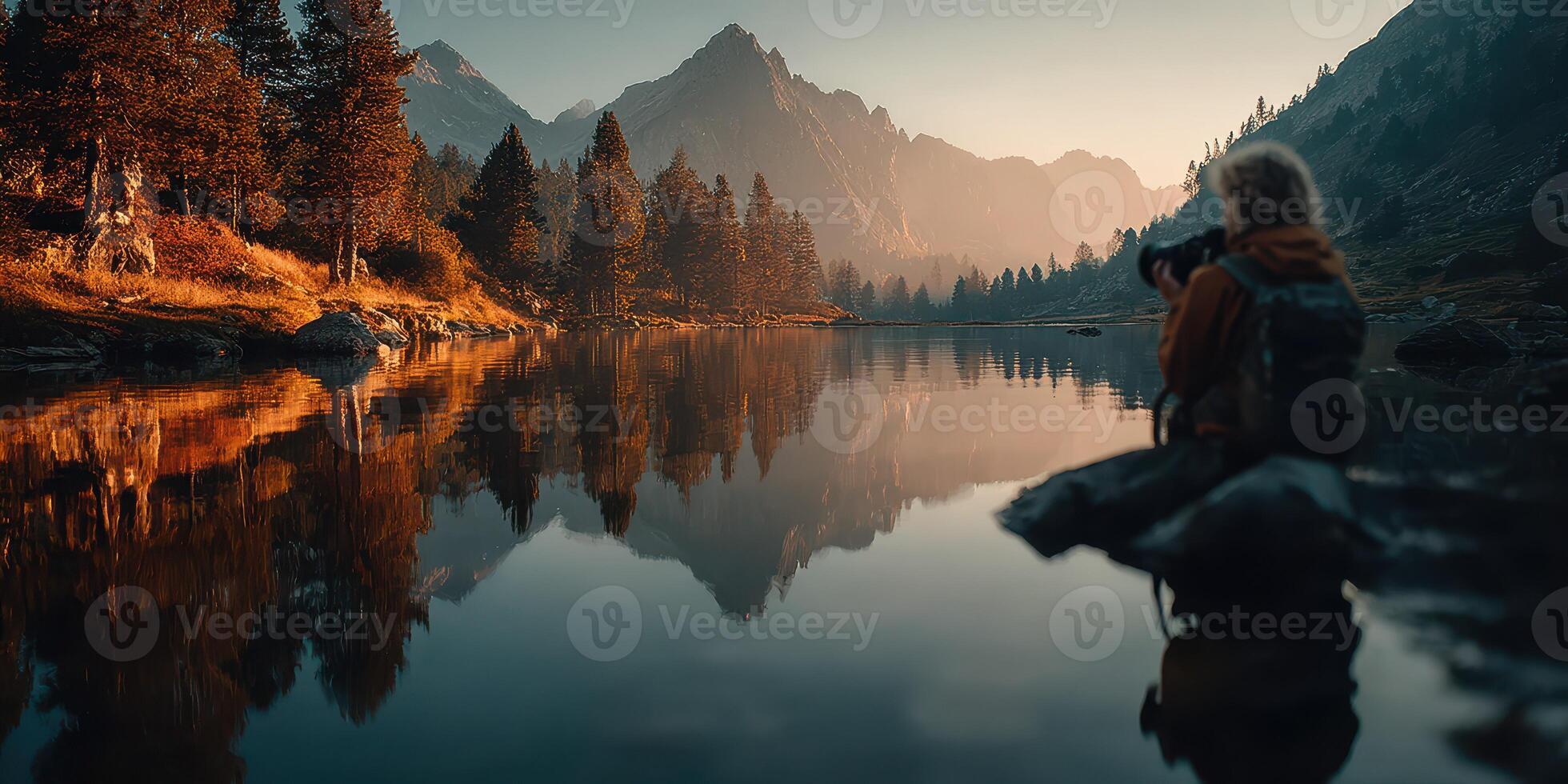 Photographer capturing sunset reflections on a serene lake surrounded by mountains and trees in the wilderness photo