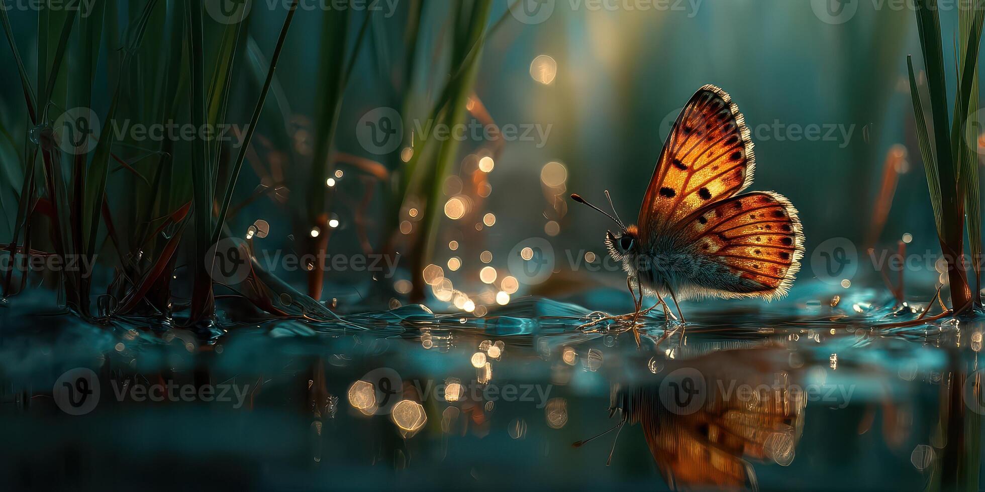 Colorful butterfly rests near water at dusk in a tranquil natural setting with soft light reflections photo