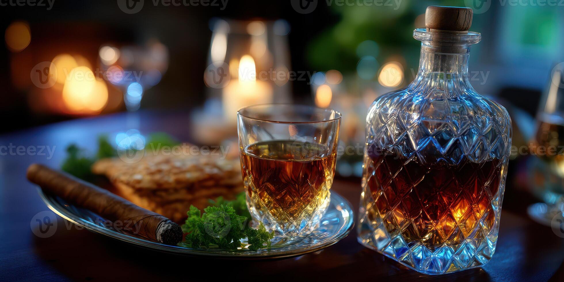 Relaxing evening with whiskey, cigars, and fine food creating a warm atmosphere by candlelight photo