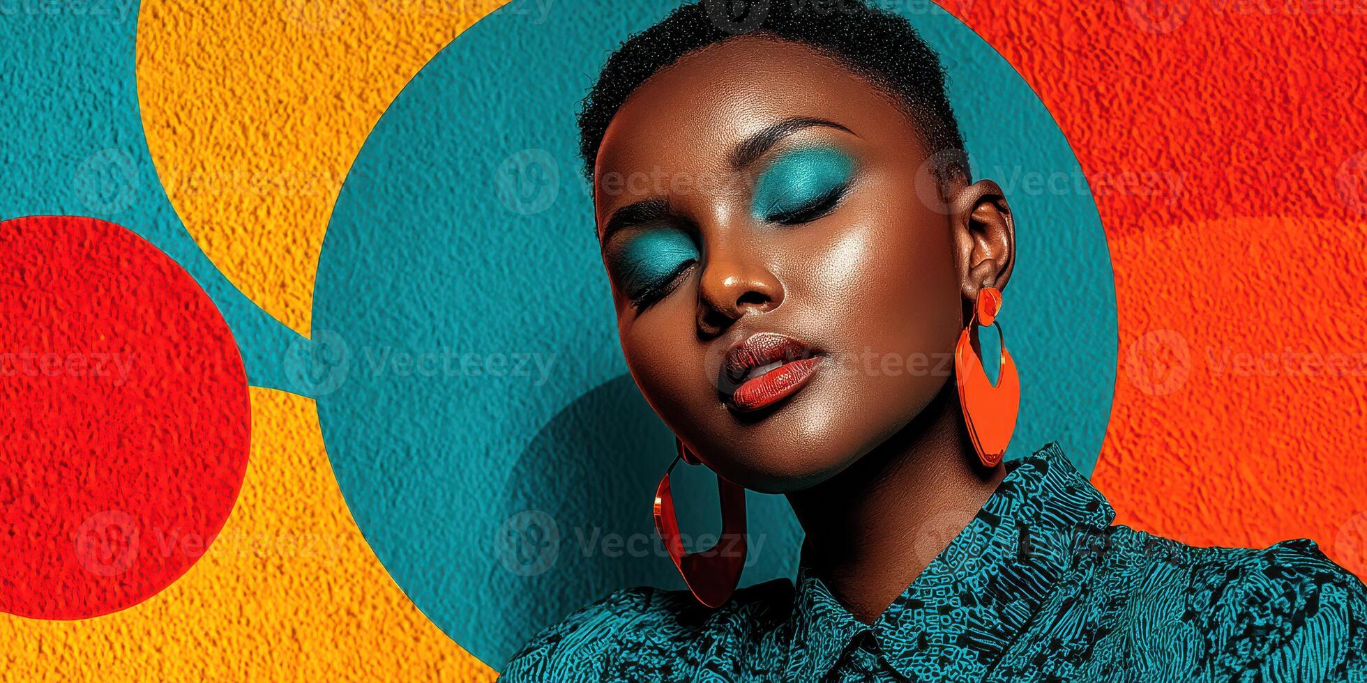 Portrait of a woman wearing vibrant makeup with bold colors and unique earrings in an artistic backdrop featuring geometric shapes photo