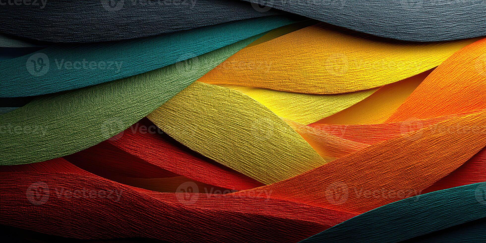 Colorful fabric ribbons arranged in a wavy pattern showcasing vibrant textures and hues in a dynamic composition photo