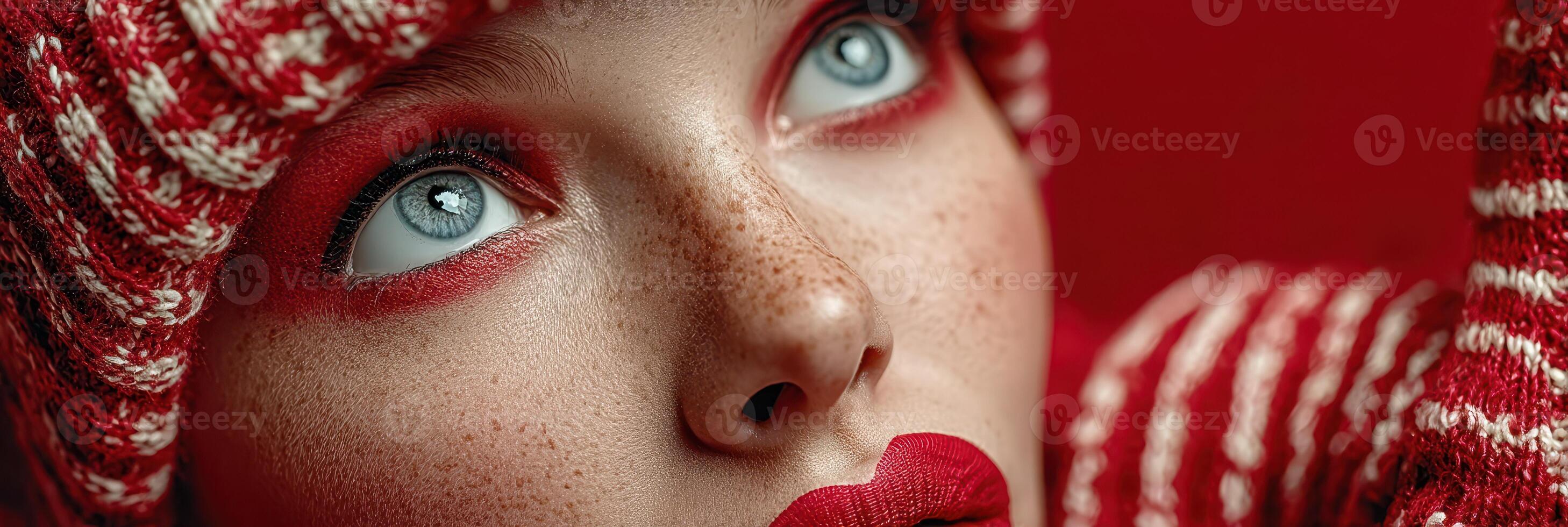 Model showcases striking makeup and fashion in vivid red outfit during a creative photoshoot in a studio setting photo