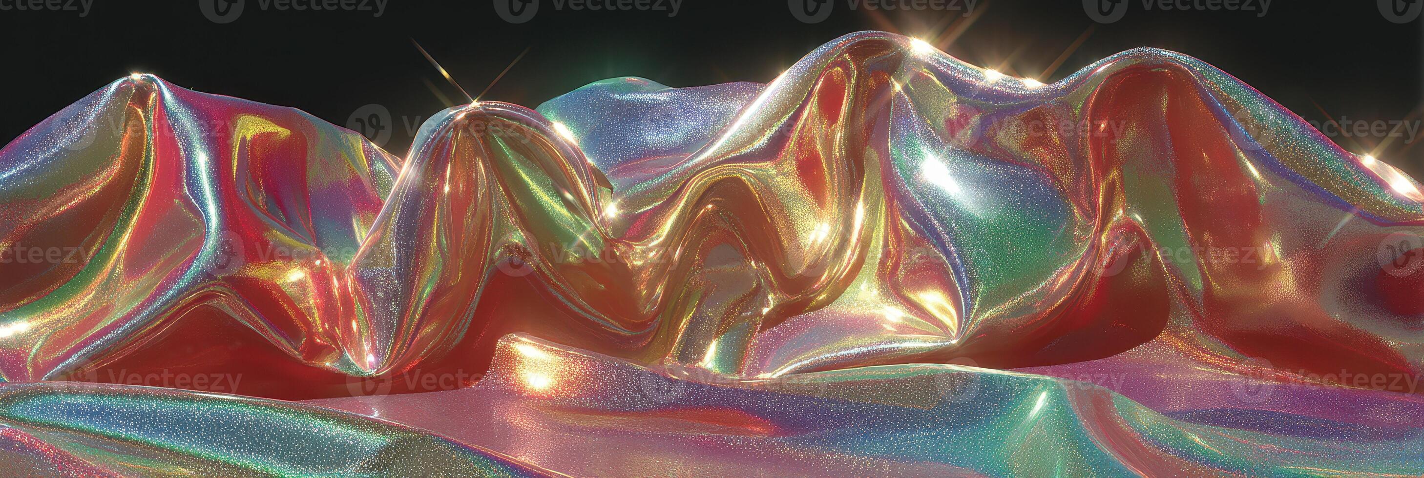 Shimmering fabric waves under soft lighting create a vibrant display of colors and textures for visual art exploration photo