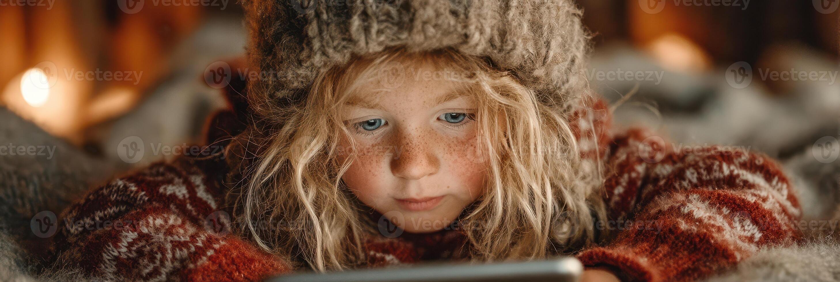 Child focused on smartphone using cozy blanket in warm, softly lit indoor setting during winter evening photo