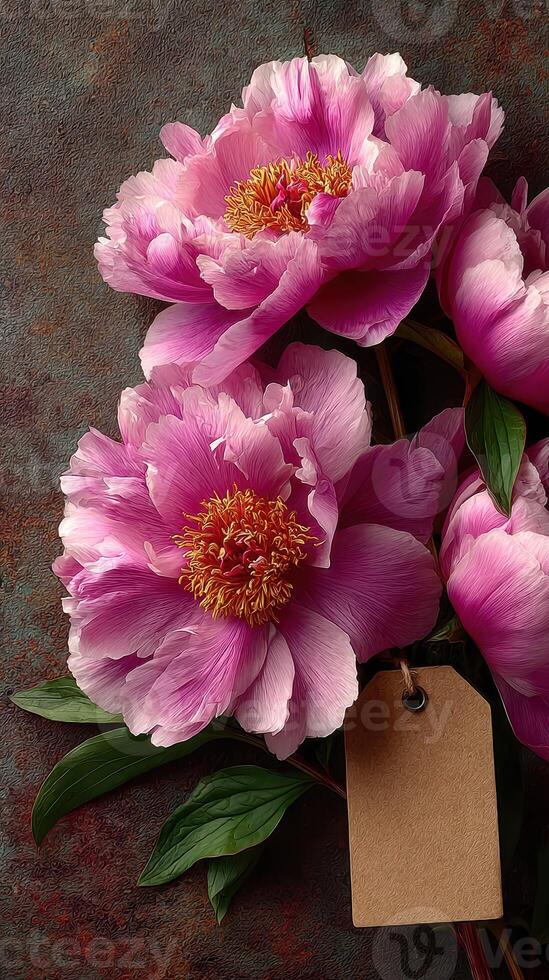 Beautiful pink peonies arranged elegantly with a blank tag on a textured surface for gift ideas or decoration photo