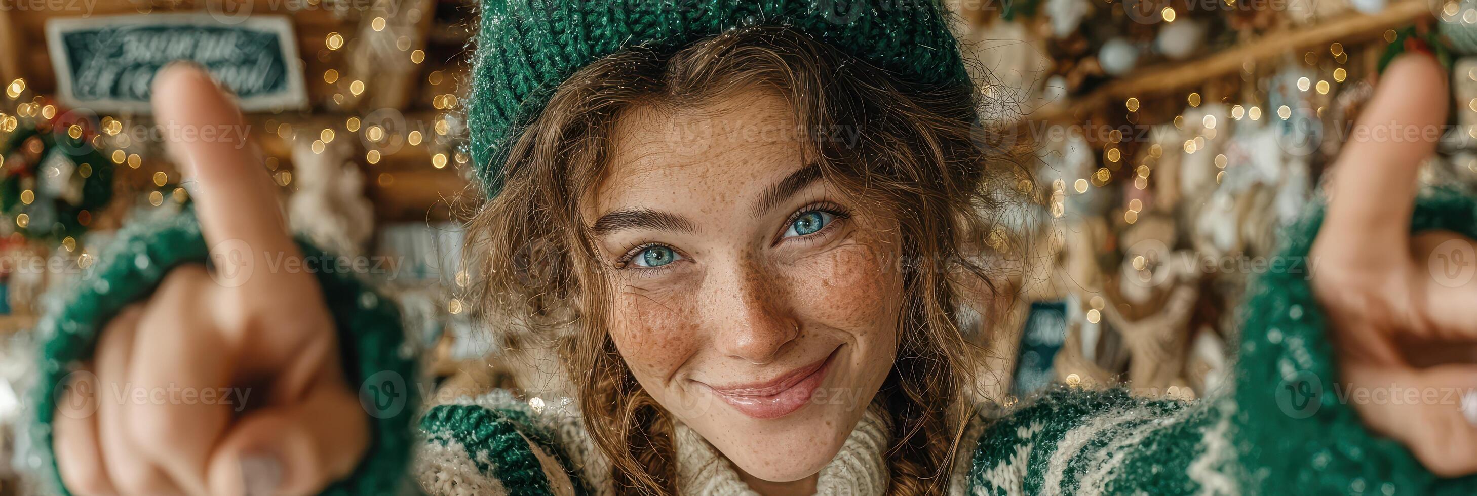Young woman wearing knitted sweater and beanie smiles joyfully while pointing at the camera in a festive indoor market in winter photo