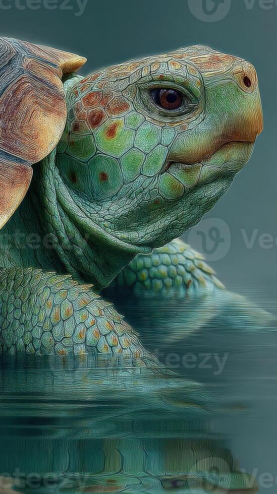 Close-up of a tortoise swimming in clear water showcasing detailed textures and colors in a tranquil setting photo