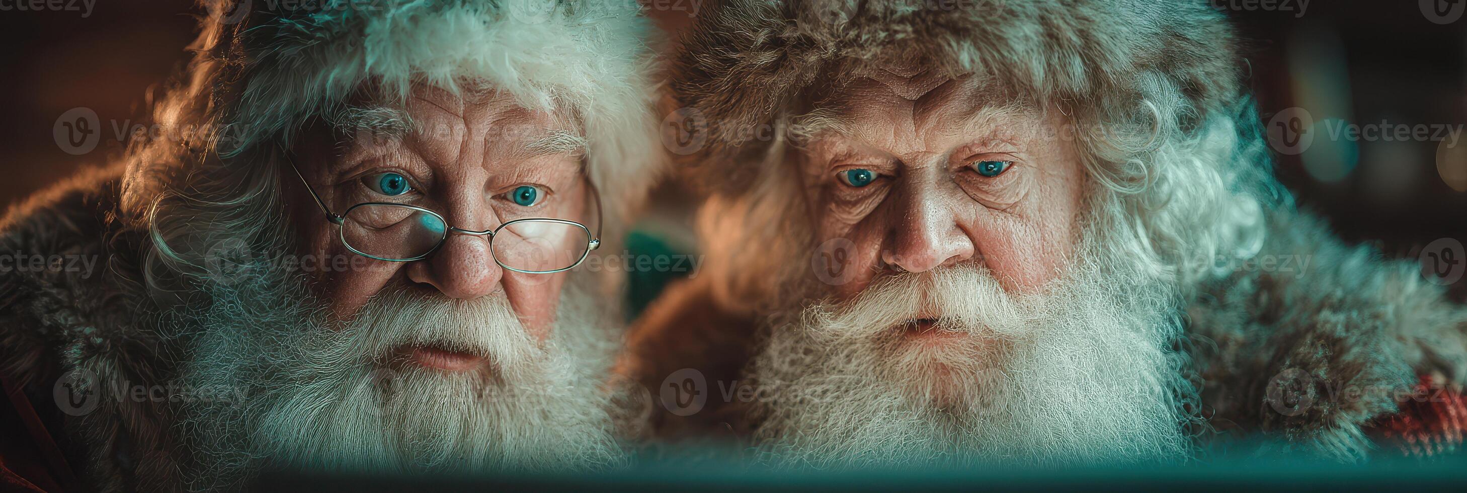 Two elderly men dressed as Santa Claus looking intently at a computer screen in a cozy, warmly lit room during the holiday season photo