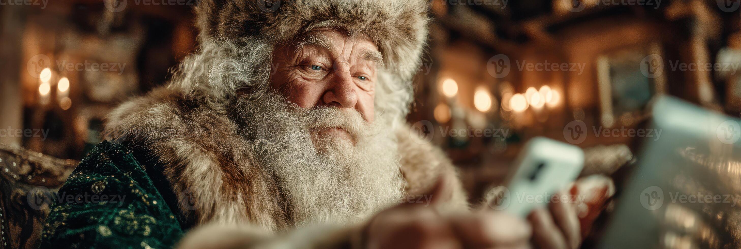 Santa Claus reviews holiday letters while sitting in a cozy cabin with warm lighting during the festive season photo