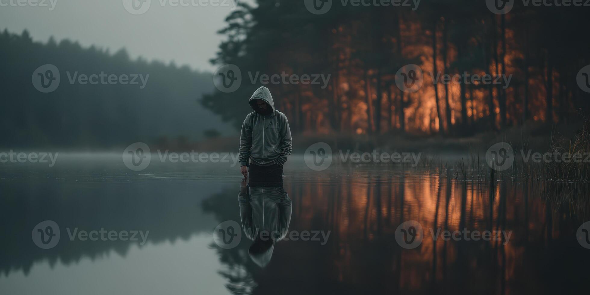 Mysterious figure wading in still water during dusky twilight with forest fire glowing in the background photo
