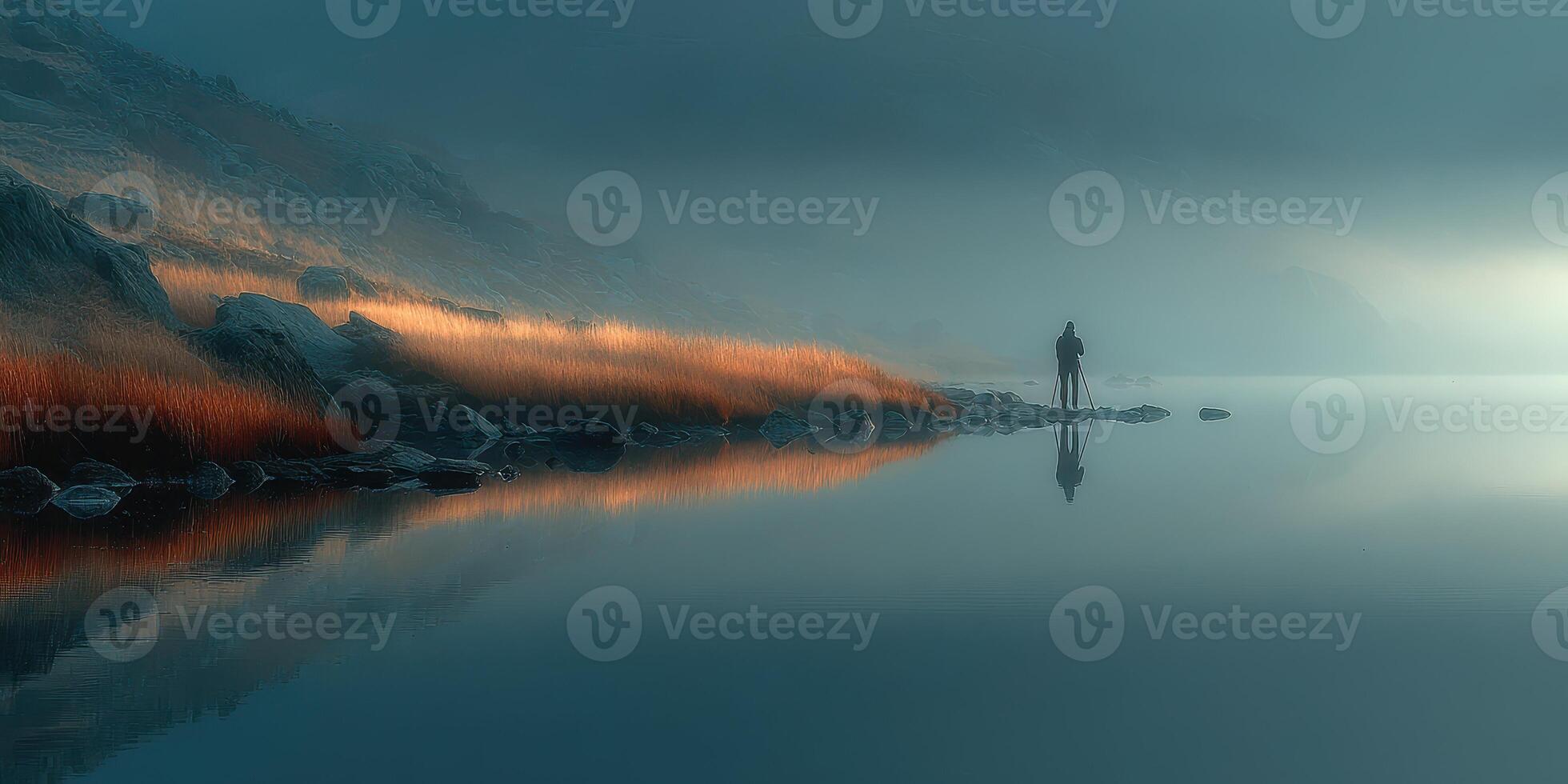 Mysterious figure standing by calm water at dawn amidst fog and reflections photo