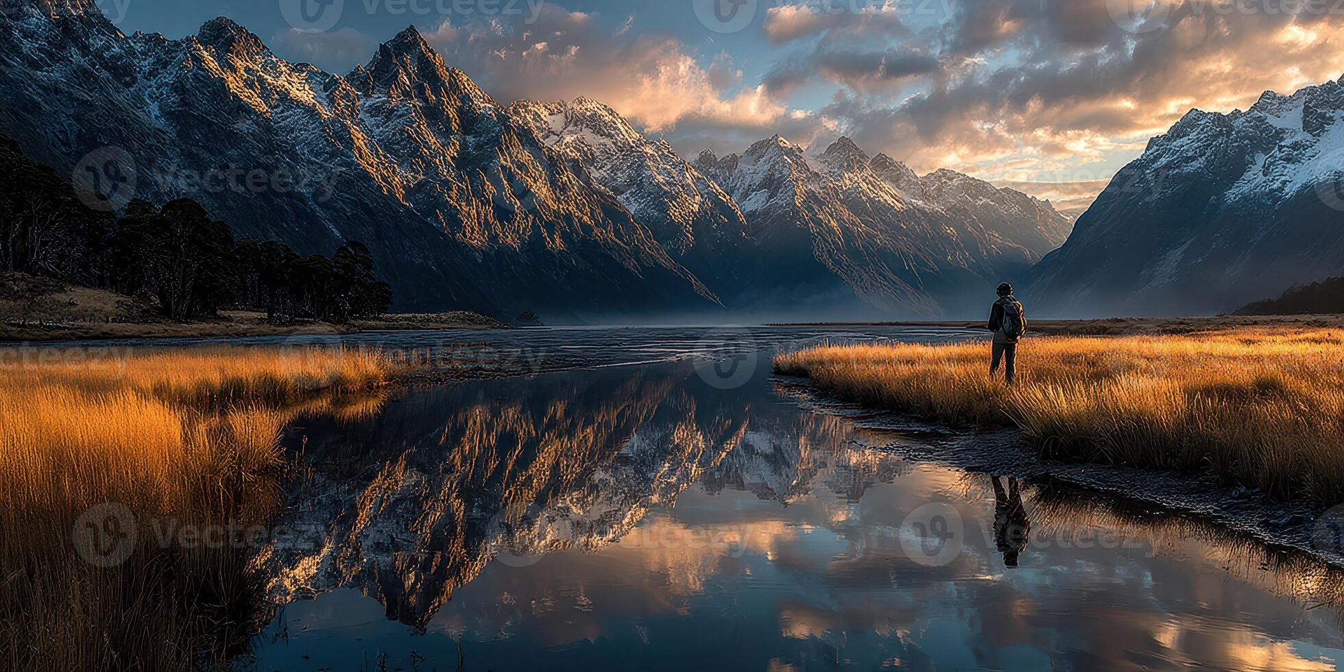 Majestic mountains reflect in tranquil lake as a hiker enjoys serene sunset in New Zealand wilderness photo