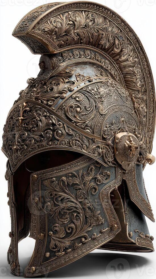 Intricate bronze and silver Corinthian helmet showcasing ornate designs and craftsmanship from ancient Greece photo