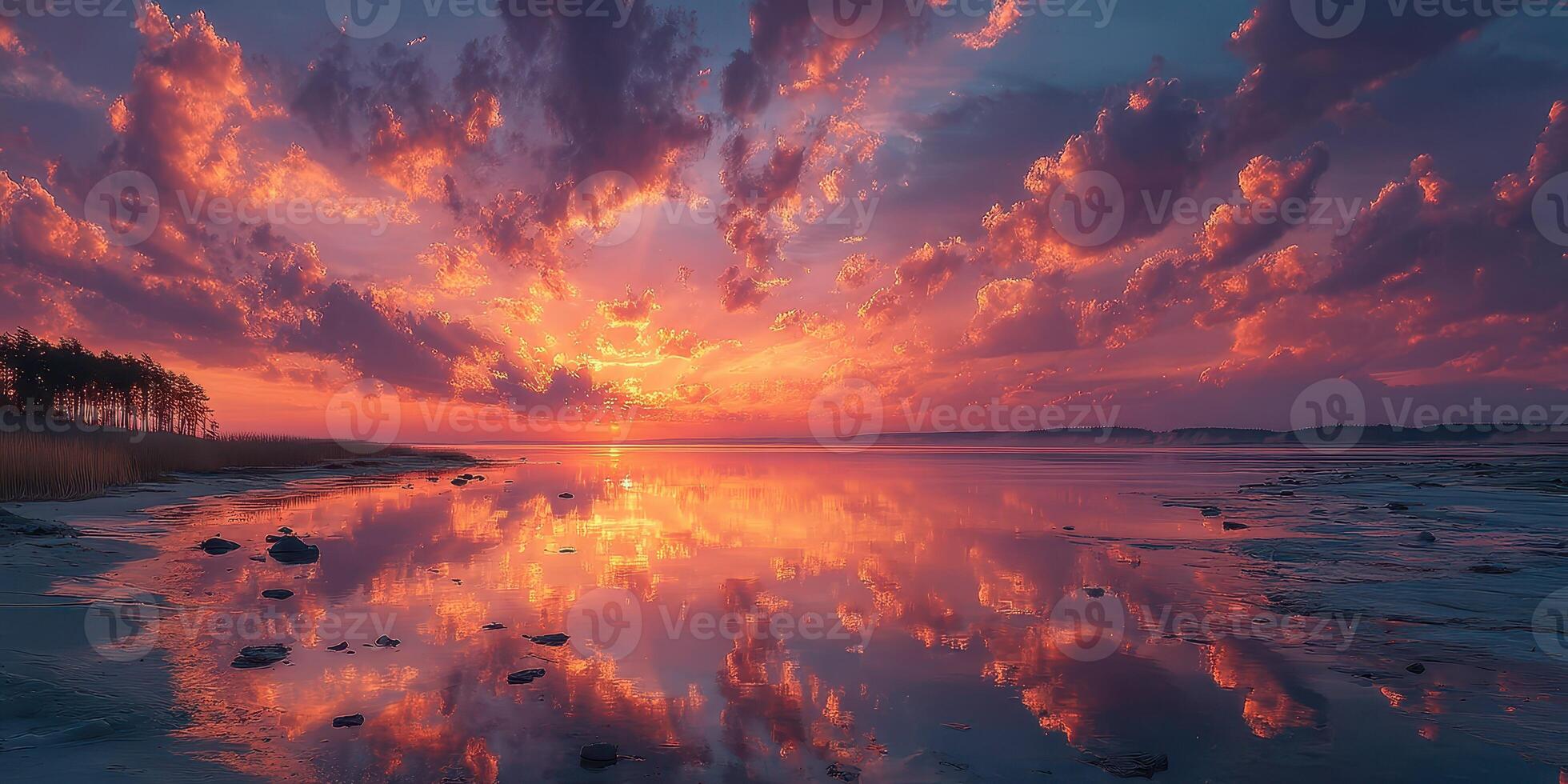 Vibrant sunset reflecting over calm water with scattered clouds in a serene landscape photo