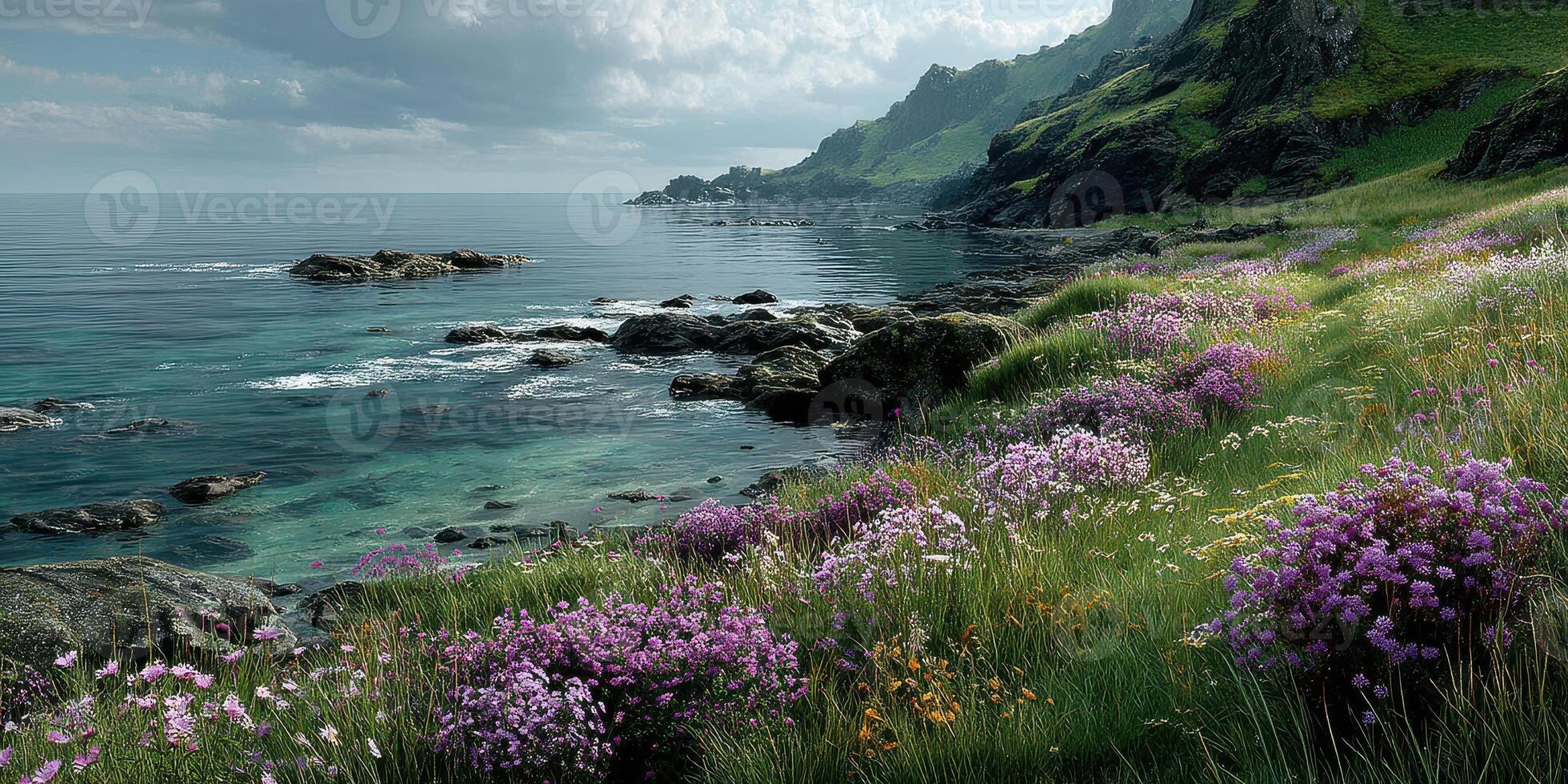 Vibrant coastal landscape with blooming wildflowers and serene waters during a cloudy day photo