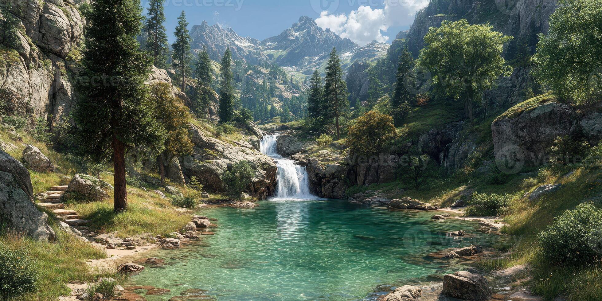 Scenic mountain landscape with a serene waterfall and turquoise pool surrounded by lush greenery photo
