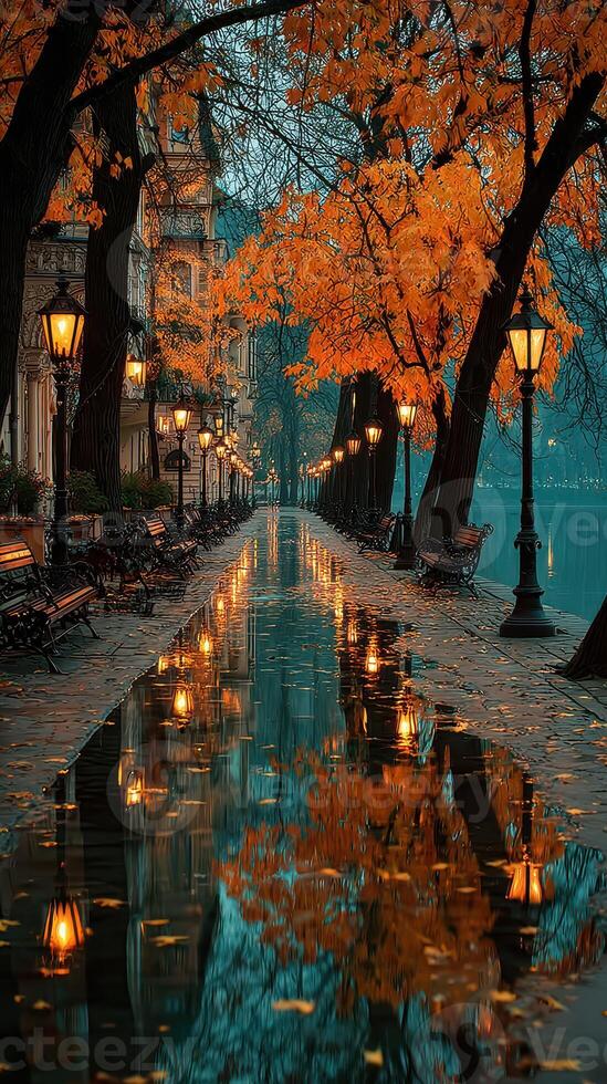Serene autumn evening by the tranquil lake surrounded by glowing streetlamps and colorful foliage photo