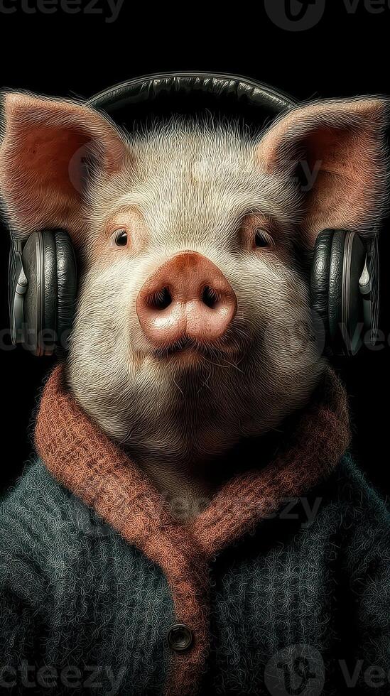 Pig wearing headphones enjoys music in a cozy sweater in a playful and creative setting photo