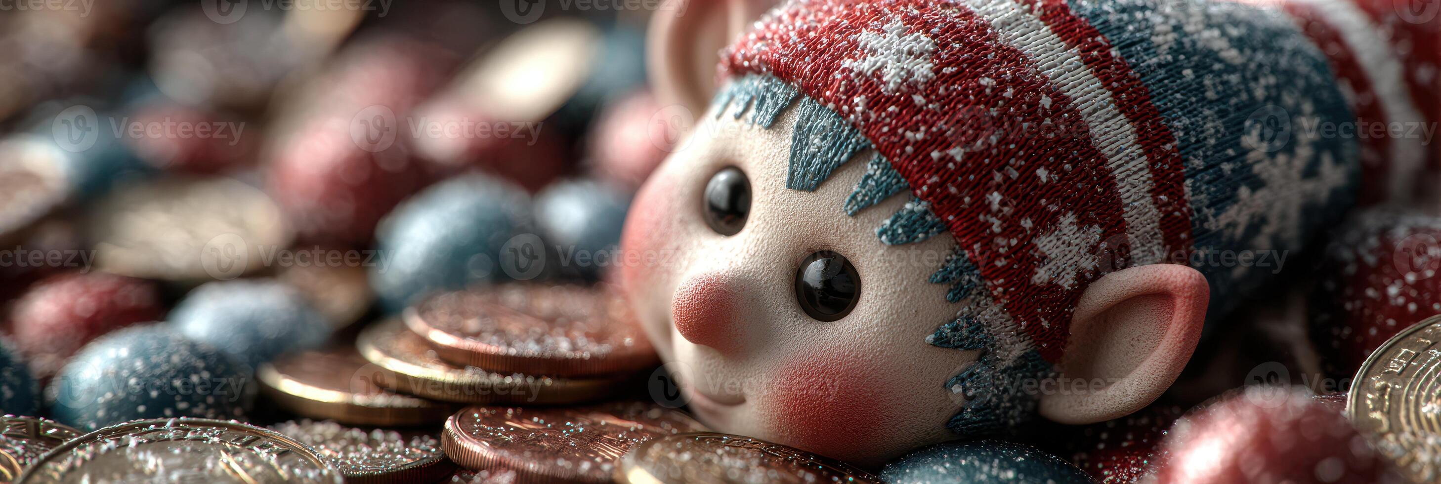 Festive elf among holiday coins and decorations during a cheerful winter celebration photo