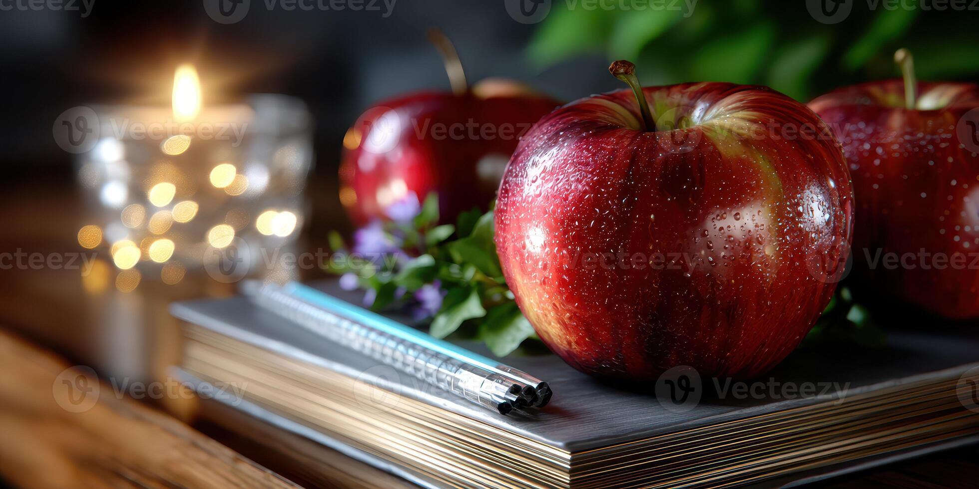 Fresh red apples placed on a decorative notebook with a lit candle in a cozy indoor setting photo