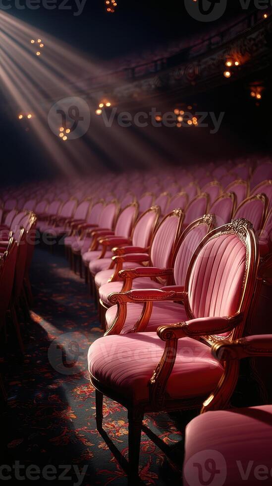 Elegant empty theater chairs bathed in soft light before the evening performance starts photo